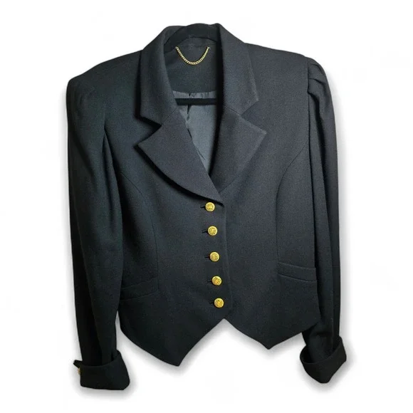 Doncaster Black Tailored Wool Jacket Gold Button Cropped Blazer Made in USA - Picture 2 of 10
